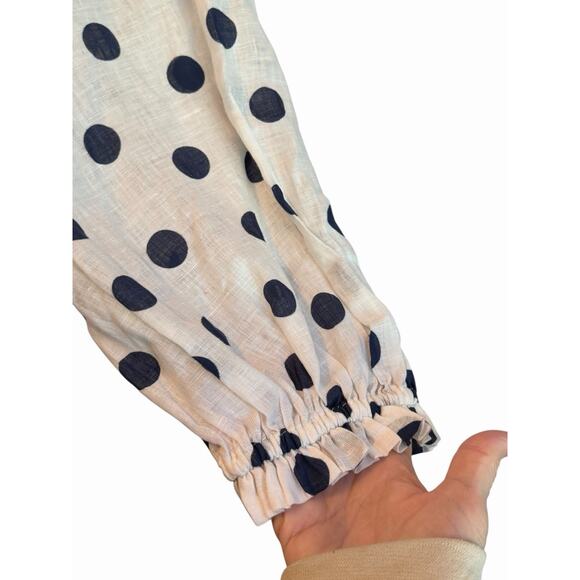 Maeve Anthropologie Linen Shirt Medium Blue Polka Dot Relaxed Button Dow Career - Picture 7 of 13